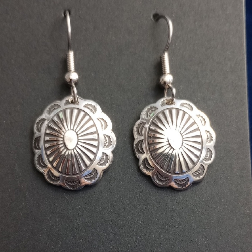 Sterling Silver Oval Stamped Concho Dangle Earrings